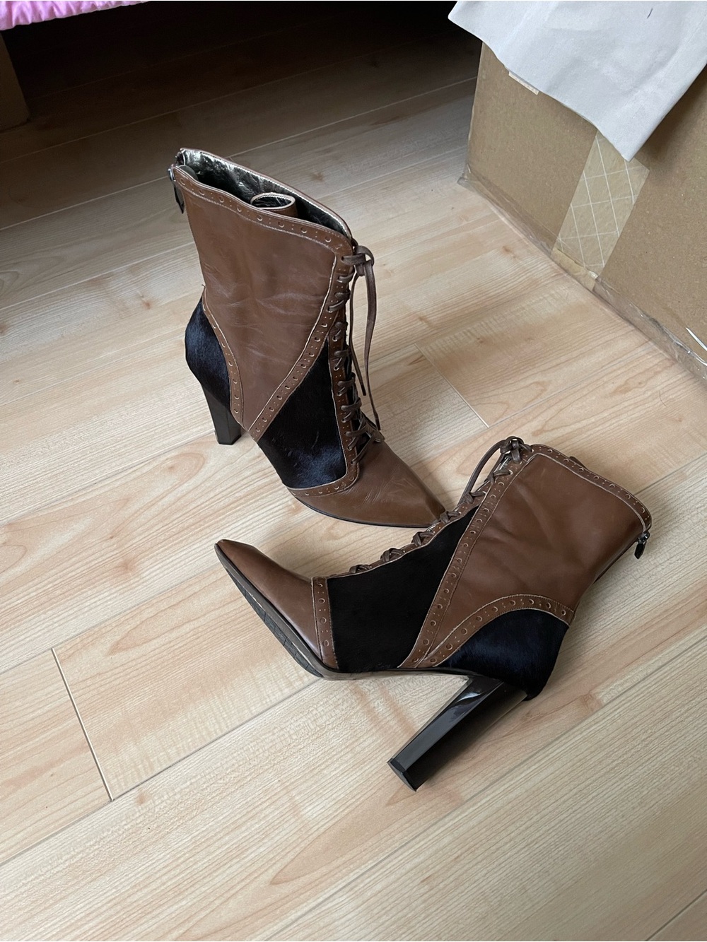DVF Brown leather+fur Lace-Up High Heel Ankle Boots